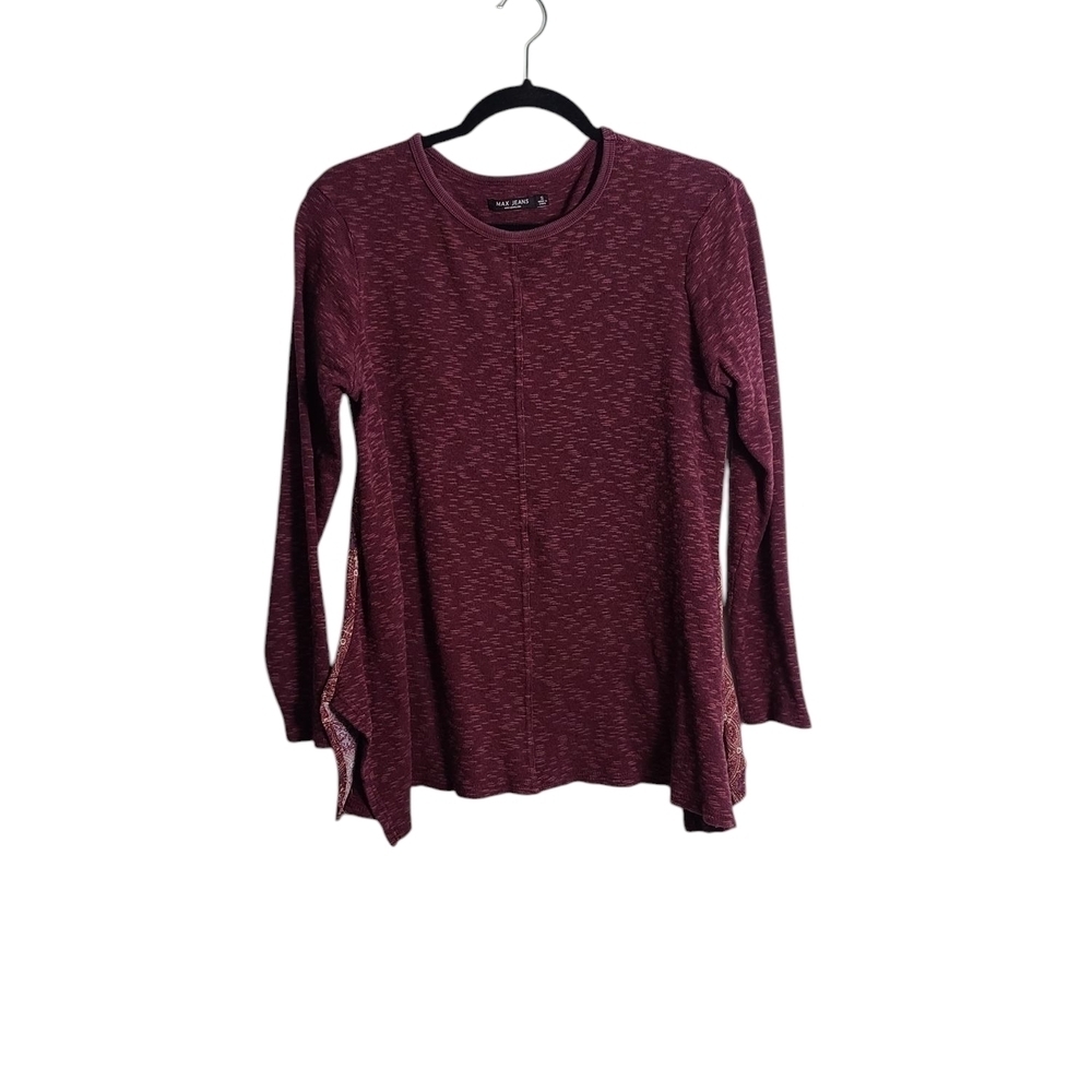 MAX JEANS Maroon Tunic Top with Side Slits and Patterned Back Size Small